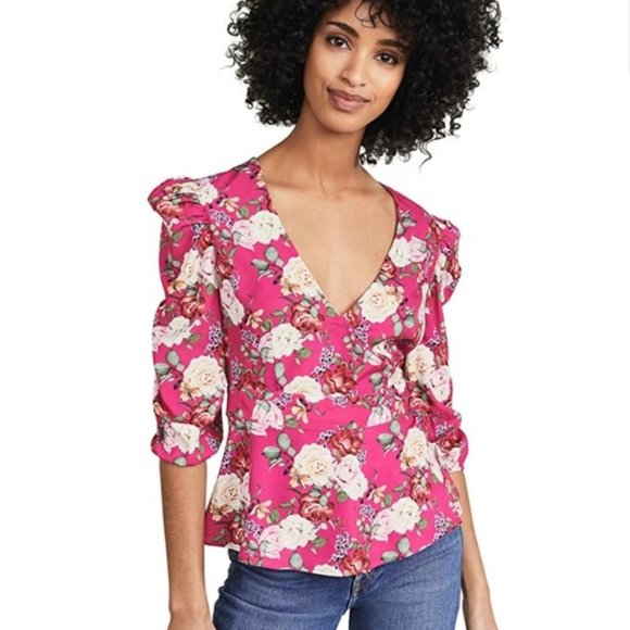 Valencia & Vine Floral Top Wrap Puff 3/4 Sleeves Peplum Pink Women's Size S NWT - Picture 1 of 13
